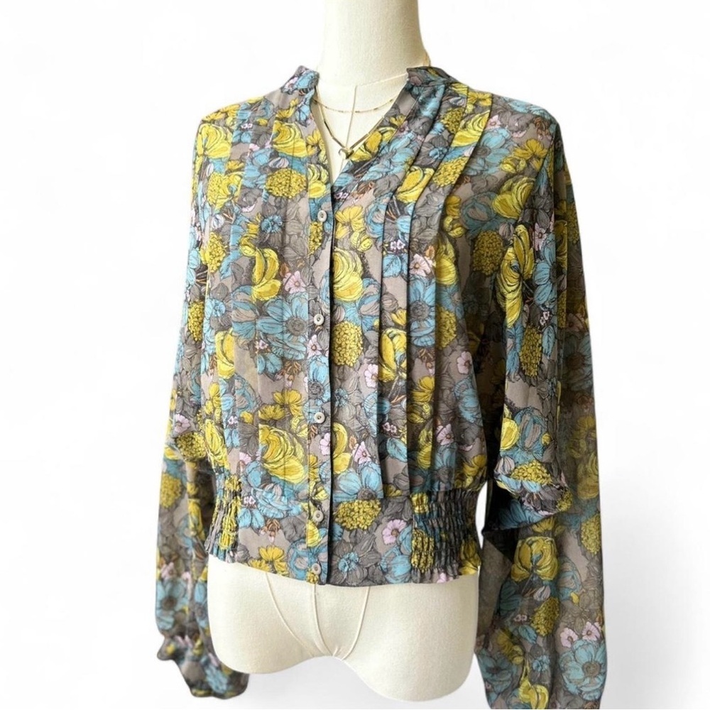 Hinge Sheer Floral Pleated Blouse Batwing Long-sleeved Button Down Size Small - Picture 1 of 7